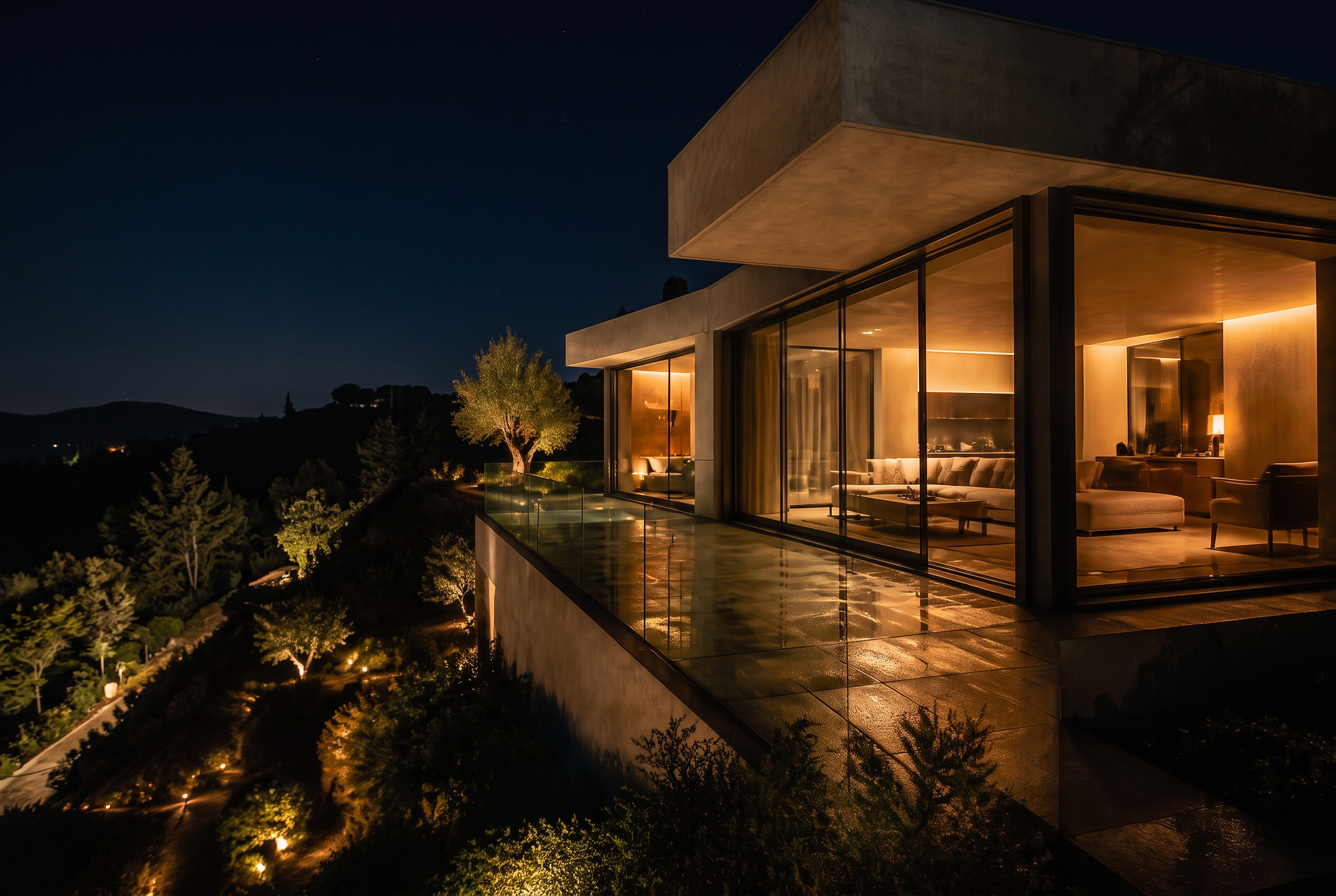 Moderne Luxusvilla bei Nacht mit warm beleuchteten Glasfronten